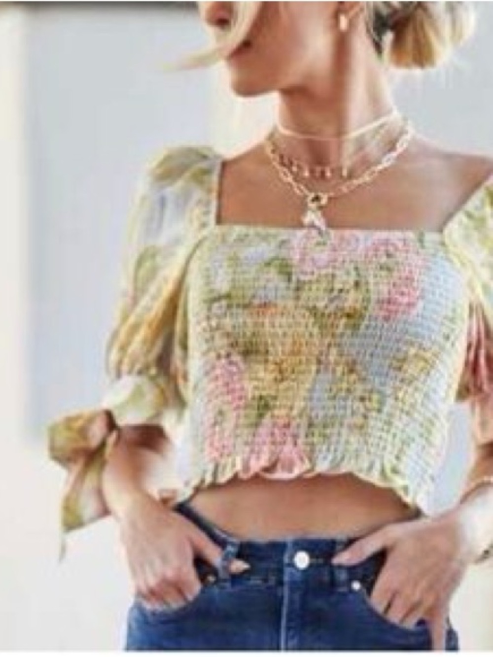 Express Smocked Floral Top in Yellow & Pink